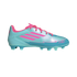 Light blue and pink Adidas Messi F50 soccer cleat shown from a side profile. It features three pink stripes, pink laces, and a studded soleplate for firm ground play.