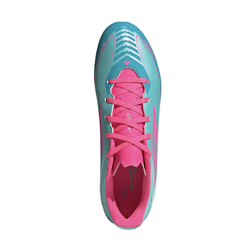 Top-down view of a light blue Adidas soccer cleat with vibrant pink laces and interior, centered against a solid black background.