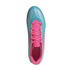 Top-down view of a light blue Adidas soccer cleat with vibrant pink laces and interior, centered against a solid black background.