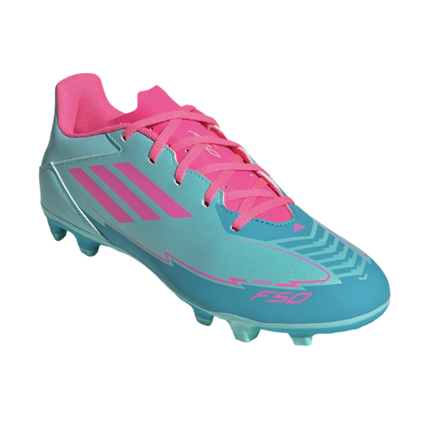 A light blue and pink Adidas F50 Messi soccer cleat against a black background.
