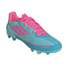 A light blue and pink Adidas F50 Messi soccer cleat against a black background.