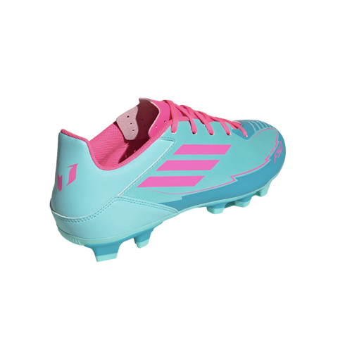 Rear-side view of a light blue and pink Adidas F50 Messi soccer cleat against a black background.