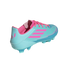 Rear-side view of a light blue and pink Adidas F50 Messi soccer cleat against a black background.