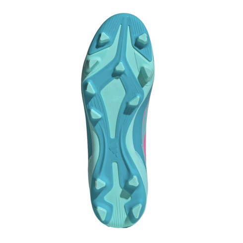 Bottom view of a light blue soccer cleat featuring a studded outsole for traction, set against a black background.