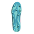 Bottom view of a light blue soccer cleat featuring a studded outsole for traction, set against a black background.