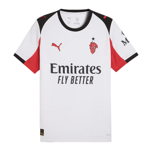 AC Milan away soccer jersey in white with black and red accents, featuring red Puma logos and black Emirates sponsor text.