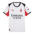 AC Milan away soccer jersey in white with black and red accents, featuring red Puma logos and black Emirates sponsor text.