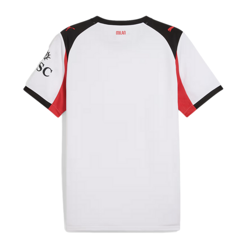 Back of a white AC Milan soccer jersey with black shoulders, red accents, and "MILAN" on the upper back.