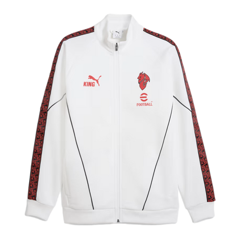 White Puma zip-up track jacket with red logos on the chest and patterned red stripes down the sleeves. Thin black lines detail the front.