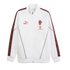 White Puma zip-up track jacket with red logos on the chest and patterned red stripes down the sleeves. Thin black lines detail the front.