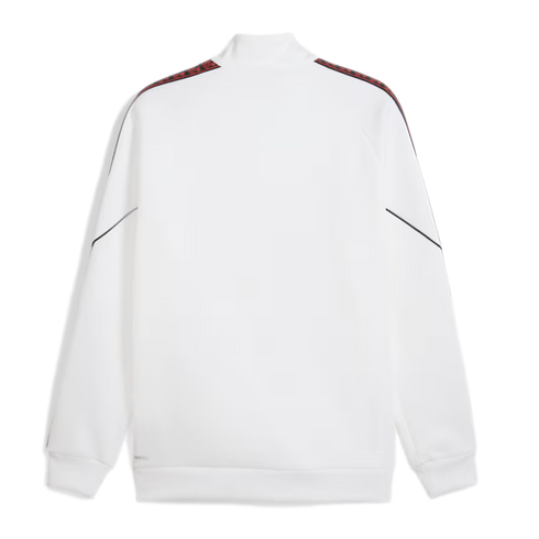 Back view of a white track jacket with a stand-up collar and ribbed trim. Black and red patterned stripes run across the shoulders and down the sleeves.