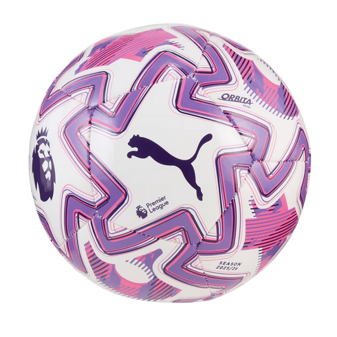 A white Puma soccer ball for the 2025/26 Premier League season, featuring purple and pink geometric patterns, the leaping cat logo, and the league crest.