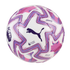A white Puma soccer ball for the 2025/26 Premier League season, featuring purple and pink geometric patterns, the leaping cat logo, and the league crest.