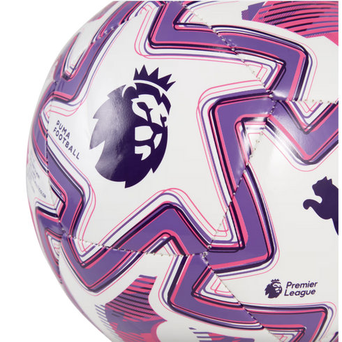 Close-up of a white soccer ball featuring purple and pink geometric patterns, the Premier League lion logo, and "PUMA FOOTBALL" text.