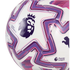 Close-up of a white soccer ball featuring purple and pink geometric patterns, the Premier League lion logo, and "PUMA FOOTBALL" text.