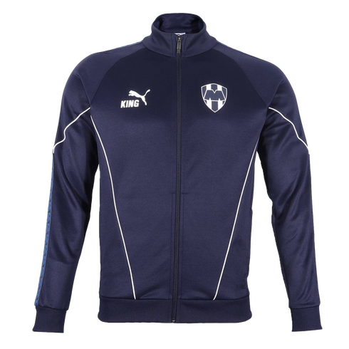 Navy blue Puma "KING" track jacket featuring the CF Monterrey soccer team crest, white piping accents, and a full-length zipper.