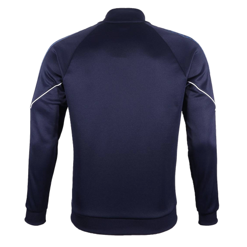 Back view of a navy blue track jacket with raglan sleeves, white piping accents, and ribbed hem and cuffs, shown against a solid black background.