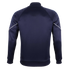 Back view of a navy blue track jacket with raglan sleeves, white piping accents, and ribbed hem and cuffs, shown against a solid black background.
