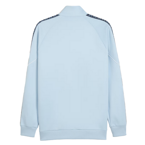 Back view of a light blue tracksuit jacket with dark patterned taping along the shoulders and sleeves, ribbed hem and cuffs, set against a black background.