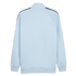 Back view of a light blue tracksuit jacket with dark patterned taping along the shoulders and sleeves, ribbed hem and cuffs, set against a black background.