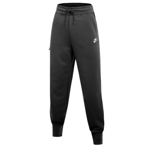 A pair of black Nike joggers featuring a drawstring waist, cuffed ankles, and a small white Nike logo on the upper left leg.