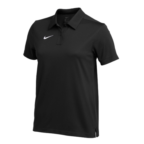 A black Nike short-sleeved polo shirt with a white swoosh logo on the left chest.
