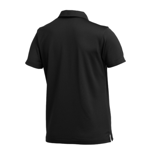 Rear view of a solid black short-sleeved polo shirt with a classic collar and side vents at the hem.