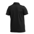 Rear view of a solid black short-sleeved polo shirt with a classic collar and side vents at the hem.