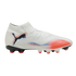 White Puma soccer cleat featuring a black cat logo, red and blue gradient accents, a knit collar, and red studs.