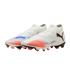 A pair of white Puma soccer cleats with red and blue graphic accents and a black logo, set against a solid black background.
