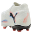 White Puma Future soccer cleat with red and blue accents, black logo, and "PLAY FREE FUTURE" on the heel. Features a knitted collar and black soleplate with red-tipped studs.