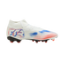 White soccer cleat featuring red and blue spray-paint style graphics, "FTR" branding on the heel, and a black sole with red studs, shown against a black background.