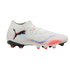 White Puma soccer cleat with red and blue spray-paint accents, featuring a black logo, white laces, and a sock-like collar against a black background.
