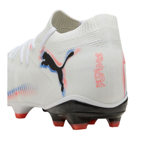 White Puma Future soccer cleat with a black cat logo, red and blue accents, and red-tipped studs against a black background.