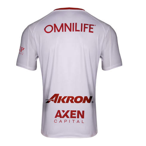 Back of a white short-sleeved jersey with red sponsor logos: OMNILIFE at the top, Akron and AXEN CAPITAL at the bottom. It features a red collar and is set against a black background.