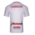 Back of a white short-sleeved jersey with red sponsor logos: OMNILIFE at the top, Akron and AXEN CAPITAL at the bottom. It features a red collar and is set against a black background.
