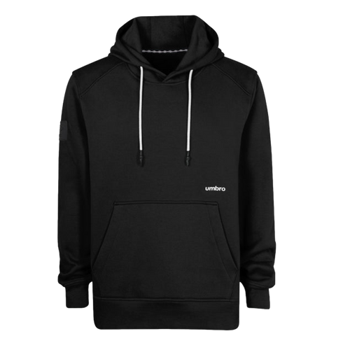 A black long-sleeved hoodie with white drawstrings, a front kangaroo pocket, and a small white Umbro logo on the chest.