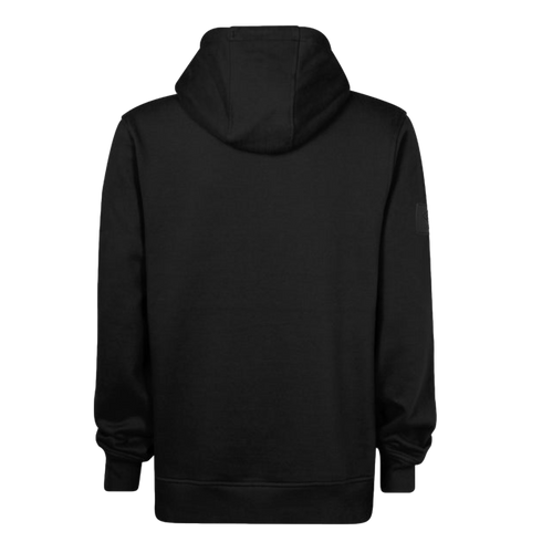Back view of a solid black hoodie with its hood up and a small logo patch on the right sleeve, shown against a black background.