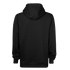 Back view of a solid black hoodie with its hood up and a small logo patch on the right sleeve, shown against a black background.