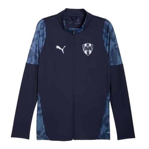 Navy blue Puma full-zip soccer jacket for C.F. Monterrey with white logos and light blue patterned panels on the shoulders and sides.