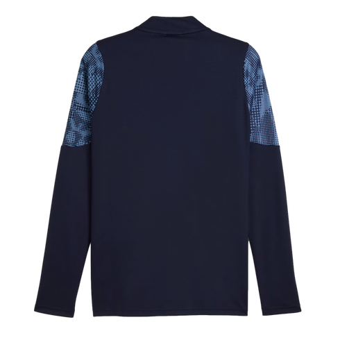 Back of a navy blue long-sleeved sports shirt featuring light blue patterned panels on the upper shoulders and sleeves, set against a solid black background.