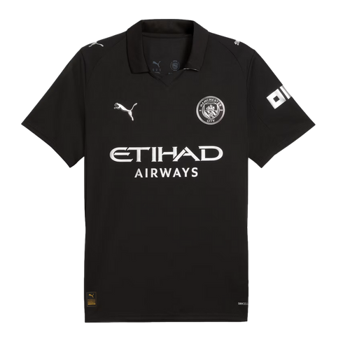 Black Manchester City Puma soccer jersey with white club crest, Etihad Airways chest logo, and OKX sleeve sponsor. Features a polo collar and Puma logos on the shoulders.