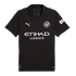 Black Manchester City Puma soccer jersey with white club crest, Etihad Airways chest logo, and OKX sleeve sponsor. Features a polo collar and Puma logos on the shoulders.