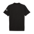 Back view of a black short-sleeved polo shirt featuring silver Puma logos on the shoulders and a checkered flag graphic on the left sleeve.