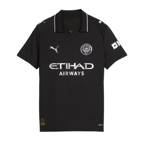 Black Manchester City football jersey with silver Puma and Etihad Airways logos and the club crest. Features a collar with white piping.