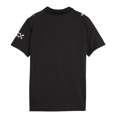 Rear view of a black Puma short-sleeved polo shirt featuring silver logos on shoulders and a checkered graphic on the left sleeve.