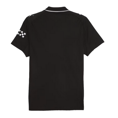 Rear view of a black short-sleeve polo shirt featuring white collar piping and a silver checkered pattern on the left sleeve.