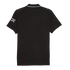 Rear view of a black short-sleeve polo shirt featuring white collar piping and a silver checkered pattern on the left sleeve.