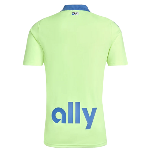 Back of a neon green short-sleeve jersey featuring a blue collar and a large blue "ally" logo at the bottom.