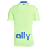 Back of a neon green short-sleeve jersey featuring a blue collar and a large blue "ally" logo at the bottom.